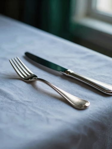 Close-up of polished silver forks and knives resting on a crisp, ironed white linen tablecloth, soft dramatic morning light from a window, shallow depth of field, 50mm lens.