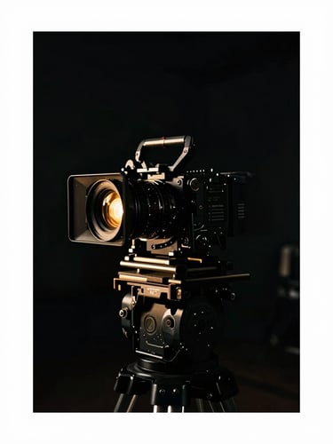 Dramatic cinema camera rig on a dark editorial set, golden backlight catching the lens edge, high-contrast chiaroscuro photography, 35mm film style