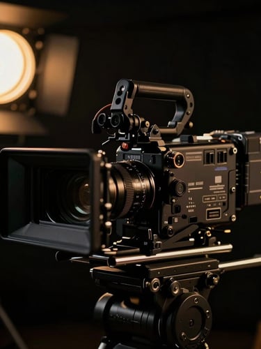 Dramatic close-up of a professional cinema camera rig on set, warm gold accent lights cutting through dark studio backdrops, low-key chiaroscuro lighting, 35mm film style