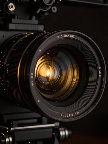 Dramatic close-up of a high-end cinema camera lens on a dark set, warm golden accent lights reflecting on the glass, low-key chiaroscuro lighting, 35mm style.