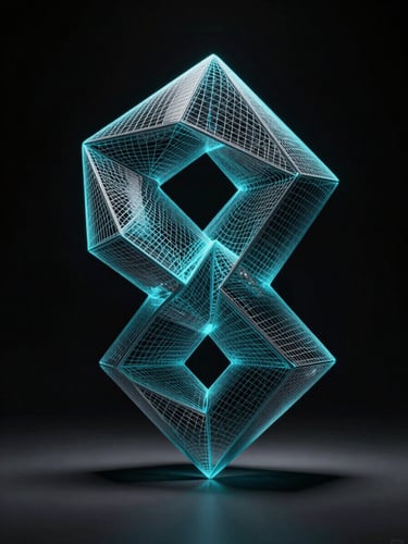 3D digital sculpture render of an abstract geometric figure, glowing cyan wireframe overlay, absolute black background, high-contrast digital art.