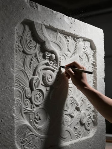 Close-up of a sculptor's hand carving intricate textures into a massive block of styrofoam, dramatic side lighting casting deep shadows, workshop dust in the air