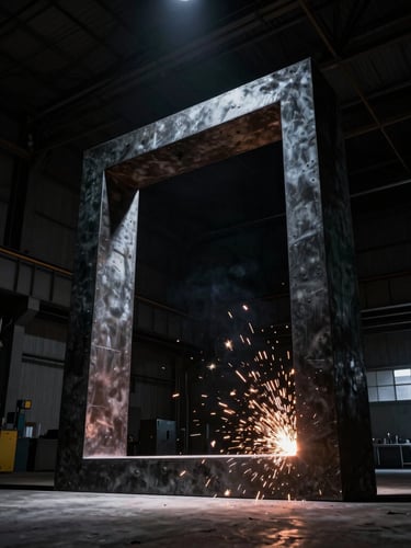 Low-angle dramatic photograph of a monumental iron sculpture frame under spotlight, welding sparks flying, deep shadows, industrial workshop background, 35mm.