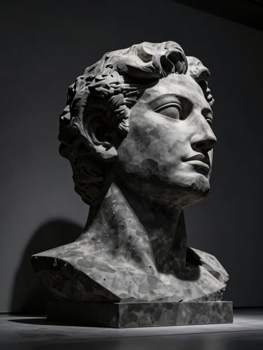 Low-angle shot of a giant 3D digital sculpture render, dramatic spot lighting from above casting deep shadows, graphite background.