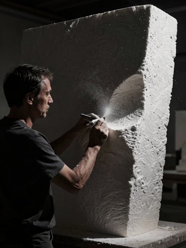 Extreme close-up of a sculptor carving a massive styrofoam block, dramatic chiaroscuro lighting, white dust floating in dark air, sharp texture details.