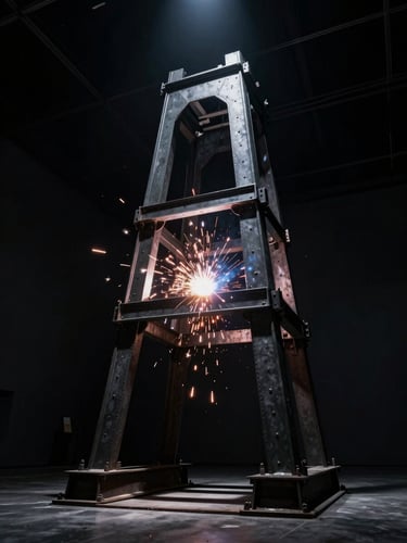 Low-angle dramatic photograph of a monumental iron structure being welded, bright sparks flying against a pitch-black gallery background, spotlighting
