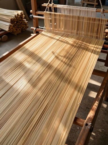 Wide environmental shot: an artisan weaving fine bamboo strips on a low wooden loom in a sunlit open workshop, north-facing daylight streaming across the bamboo surface revealing individual fibre texture and weave pattern, raw material bundles visible in the background left, no faces or lifestyle staging