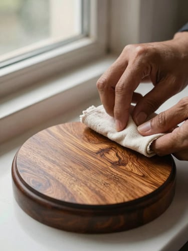 Close-up editorial shot of artisan hands burnishing a sheesham wood lamp base with a cloth, the grain and tool marks visible across the surface, north-facing window light raking across the wood to reveal the hand-finished texture, no background props