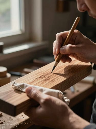 Close-up portrait orientation: artisan hands burnishing a finished wooden object with a cloth, north-facing window light raking across the grain to reveal individual tool marks and natural wood colour variation, dark workshop background, no lifestyle context