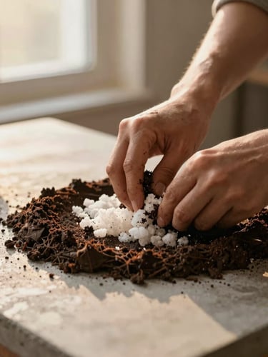 Close-up of hands mixing rich dark organic substrate with perlite on a concrete table, soft golden hour light, warm editorial photography, shallow depth of field.