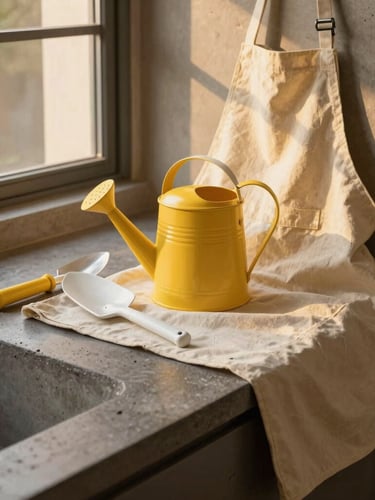 Warm editorial photography of a modern minimalist Kit Jardinero with yellow and white tools, a watering can, and a canvas apron resting on a dark concrete stone surface, golden-hour window light casting soft shadows, 35mm