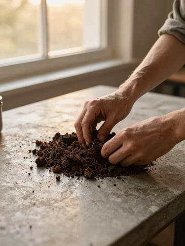 Warm editorial photography of hands mixing rich dark organic substrate on a concrete table, golden-hour window light, 35mm