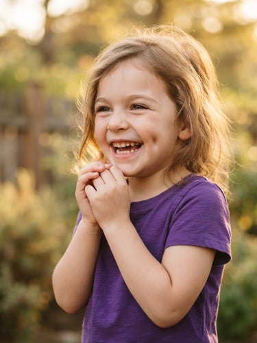 Candid portrait of a child laughing outdoors, soft golden hour window light, wearing a rich violet organic cotton t-shirt, shallow depth of field
