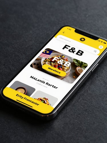 High-fidelity mobile UI mockup of a Malaysian F&B website displayed on a sleek smartphone, vibrant yellow highlight accents, dark reflective background, sharp geometric typography