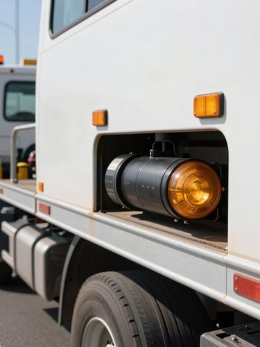 Close-up of a secure vehicle hookup on a flatbed tow truck, with the Tangier Med port corridor and highway in the background, high-visibility daylight, sharp focus, 35mm.