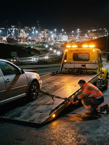 Modern flatbed tow truck securing a vehicle on a highway at night, amber emergency lights flashing, secure hookup visible, Tangier Med corridor in background, high-contrast industrial tones, sharp focus, 35mm