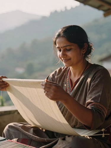A portrait of a woman artisan smiling softly in her sunlit workshop in Uttarakhand, holding a hand-loomed textile, warm golden-hour side lighting.