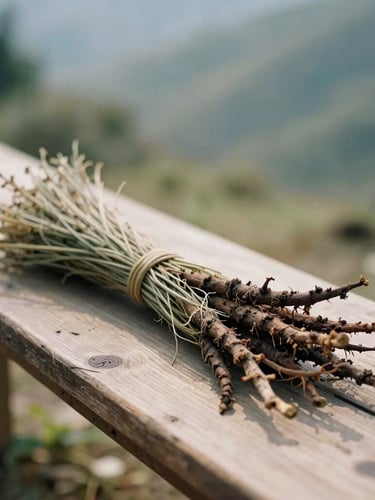 A bundle of raw Himalayan nettle fibers and dried madder root resting on a rustic wooden bench, soft morning sunlight, earthy forest tones, shallow depth of field.
