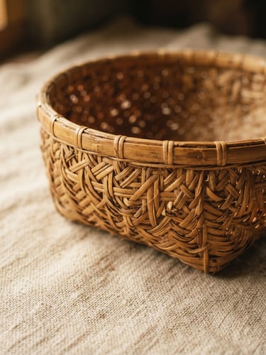 Close-up of a hand-woven ringal bamboo basket resting on a sunlit oat-toned linen surface, soft mountain daylight, warm editorial shadows.