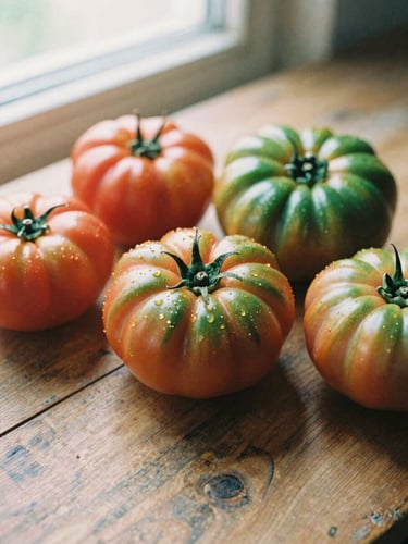 Overhead editorial shot of fresh heirloom tomatoes on a rustic wooden table, warm natural window light, 35mm film aesthetic