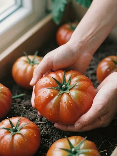 Overhead medium shot of hands harvesting heirloom tomatoes in soft morning light, rich soil, 35mm film aesthetic.