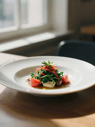 A close-up of a chef plating a vibrant dish in a cozy Scandinavian-style restaurant, soft natural window light casting rich shadows, 35mm film style