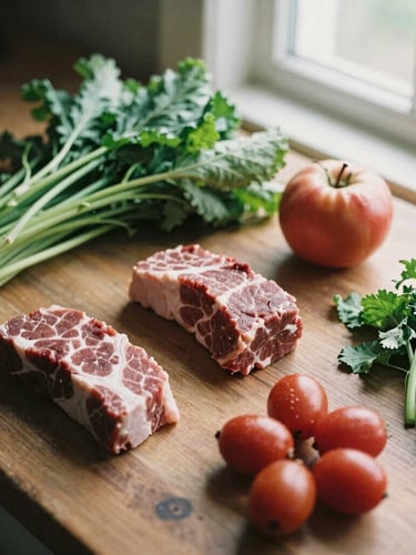 Overhead flatlay of raw seasonal ingredients on a rustic prep table, warm morning daylight, rich crimson and forest green tones, shallow depth of field