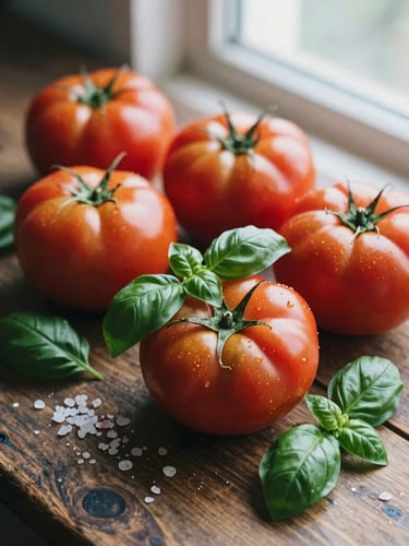 Overhead medium-close editorial shot of raw heirloom tomatoes, fresh basil leaves, and sea salt on a rustic dark wood prep table, soft natural window daylight, rich crimson tones, shallow depth of field, 35mm film aesthetic