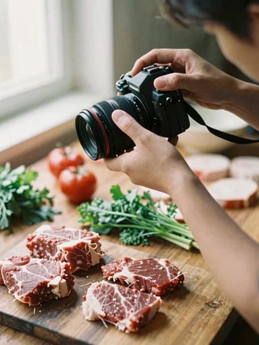 A close-up overhead shot of a photographer adjusting a camera rig above a rustic wooden table filled with raw ingredients, soft natural window light, warm tones.