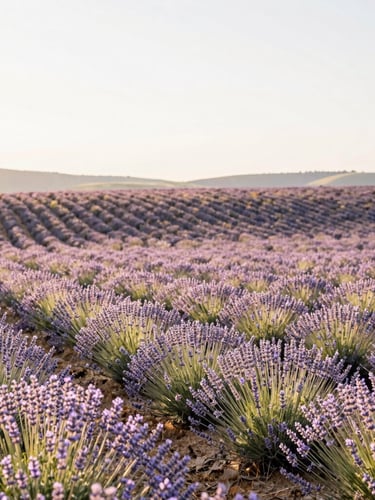 Wide panoramic shot of a sun-drenched lavender field at high altitude, rolling hills under a soft pale sky, warm morning daylight