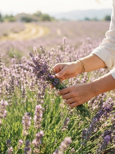Close-up of hands gently harvesting lavender stems in a sun-drenched field in the morning, soft purple hues, shallow depth of field, 35mm lens