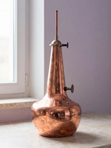 A traditional copper alembic still in a light-filled stone room, soft morning light streaming through a window, copper gleaming, warm and clean atmosphere