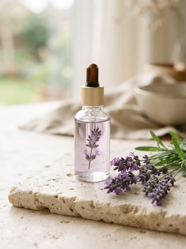 Soft morning light over a single glass dropper bottle filled with pale lavender oil, placed next to fresh lavender stems on a textured cream stone surface, shallow depth of field, 35mm lens