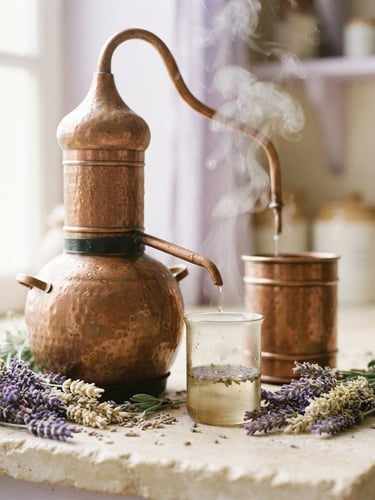 Soft morning daylight close-up of copper distillation equipment with steam, lavender stems on light stone, airy high-key purple tones, shallow depth of field