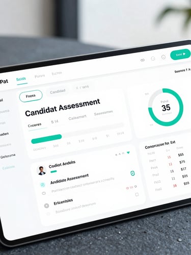 Digital tablet displaying a candidate assessment software dashboard with hiring analytics and recruitment data.
