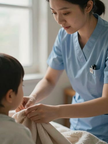 A close-up of a clinical nurse gently adjusting a soft blanket for a child, warm editorial photography, soft window light, shallow depth of field.