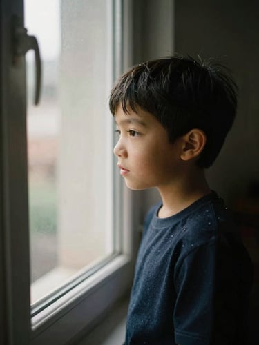 A warm editorial portrait of a young boy looking through a sunlit window, soft natural light, deep muted tones, shallow depth of field, 35mm lens.