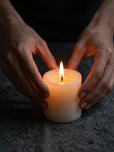 Extreme close-up portrait of hands lighting a beeswax taper candle, warm golden flame casting deep shadows on heavy textured charcoal linen, low-key lighting.