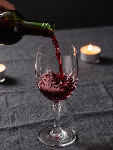 Extreme close-up of hands pouring deep red wine into a crystal glass on a heavy charcoal linen tablecloth, warm flickering taper candles in the background, high-contrast shadows.