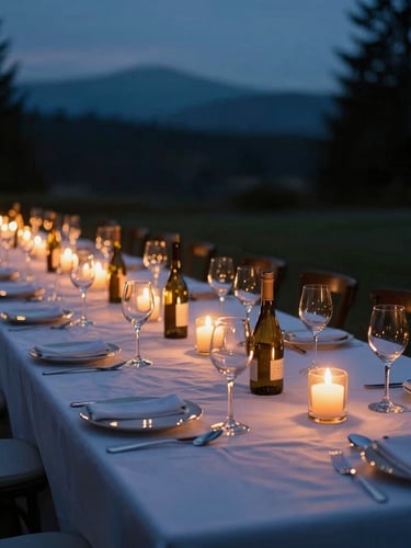 Wide atmospheric environmental shot of a long banquet table set outdoors under a deep twilight sky in the Pacific Northwest, warm candlelit glow reflecting off glassware.