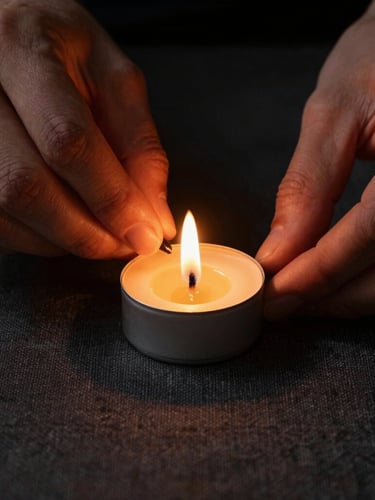 Extreme close-up of hands lighting a single beeswax taper candle on a heavy, textured dark linen table setting, warm golden flame casting deep shadows, cinematic low-light.
