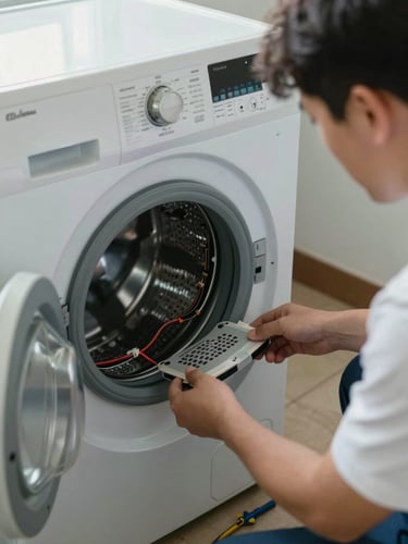Close overhead shot of a technician's hands removing the back panel of a washing machine in a real laundry room, natural daylight from a small window, wiring and drum components visible, tools on the floor beside the unit