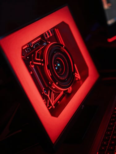 Dutch-angle close-up of high-contrast mechanical hardware, intense red monitor glow on metallic surfaces
