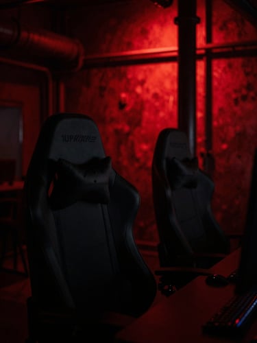 Close-up of a streamer in a dark industrial gaming setup, heavy red backlighting, high-contrast shadows