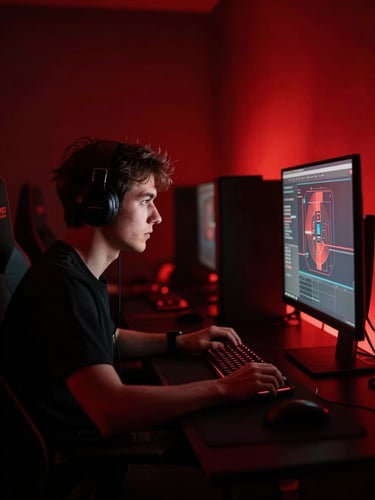 Dutch-angle medium shot of a focused competitive gamer in a dark room, intense red backlight, monitor glow key light