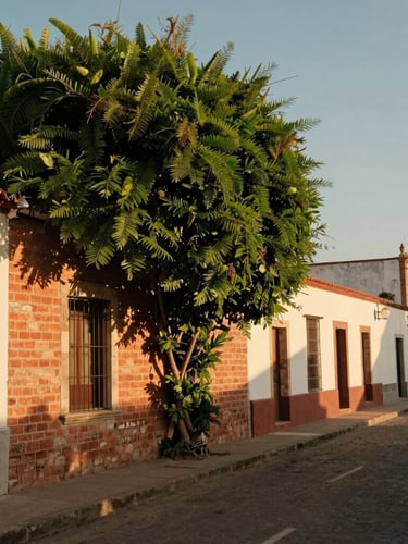 Calle empedrada de Asunción en Las Mercedes, casas de ladrillo visto con vegetación frondosa, luz dorada de la tarde proyectando sombras largas.