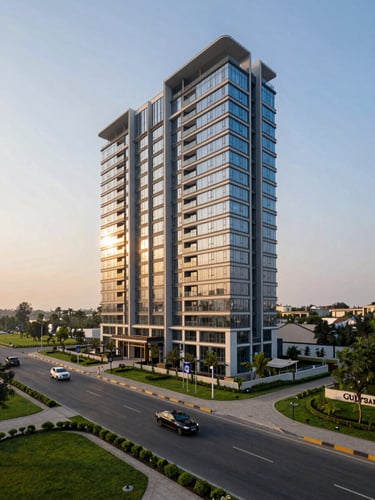 Street-level view of a modern luxury residential building on Golf Course Road, Gurugram at golden hour, crisp architectural lines and glass facade catching warm light, wide neighborhood context showing manicured green space and passing traffic, clear signage visible, specific location anchoring.