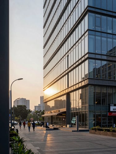 Street-level view of a modern commercial corridor in Gurugram, glass-fronted office building facade at golden hour, pedestrian plaza below with clear signage visible, Gurugram skyline softly visible in background, establishing prime location context