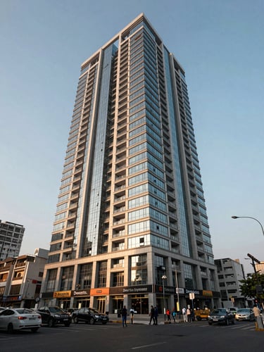 Street-level view of a modern residential tower on Dwarka Expressway, glass and steel facade catching afternoon light, ground-floor retail visible, busy commercial street context, clear property signage, wide framing establishing location density