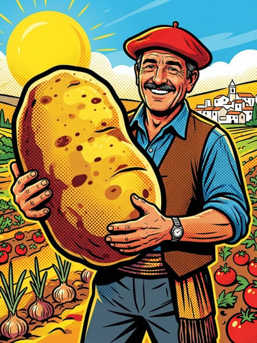 Bold pop art illustration of a smiling Spanish farmer holding a giant comic-style potato, thick black outlines, halftone dots, highly saturated red and yellow colors, flat vector style.